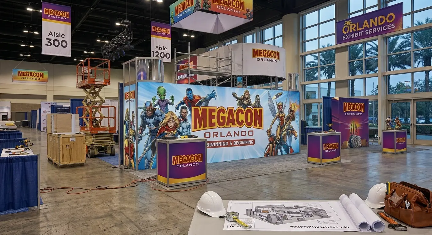 MegaCon Orlando trade show booth with comic art and setup crew visible.